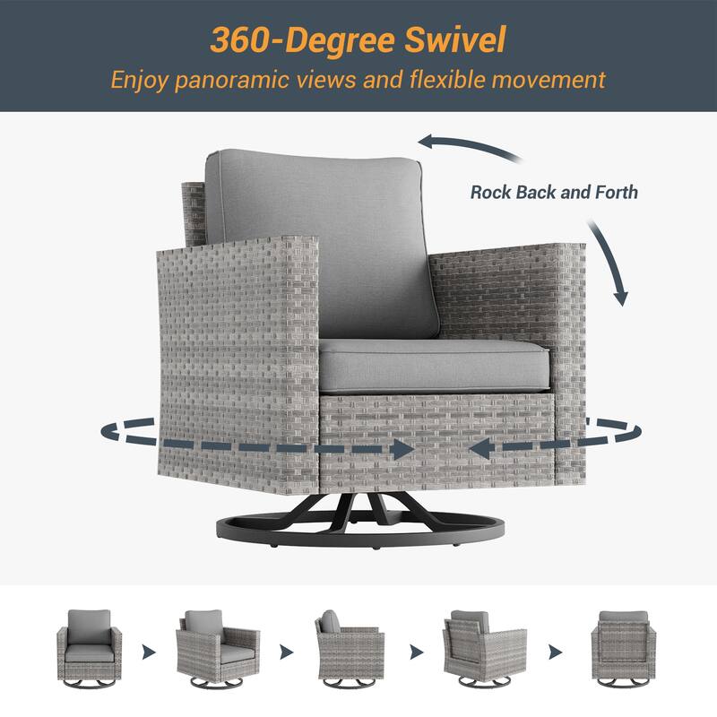 BONOSUKI 3Pcs Patio Swivel Rocking Sofa Set Grey Rattan w/Side Table