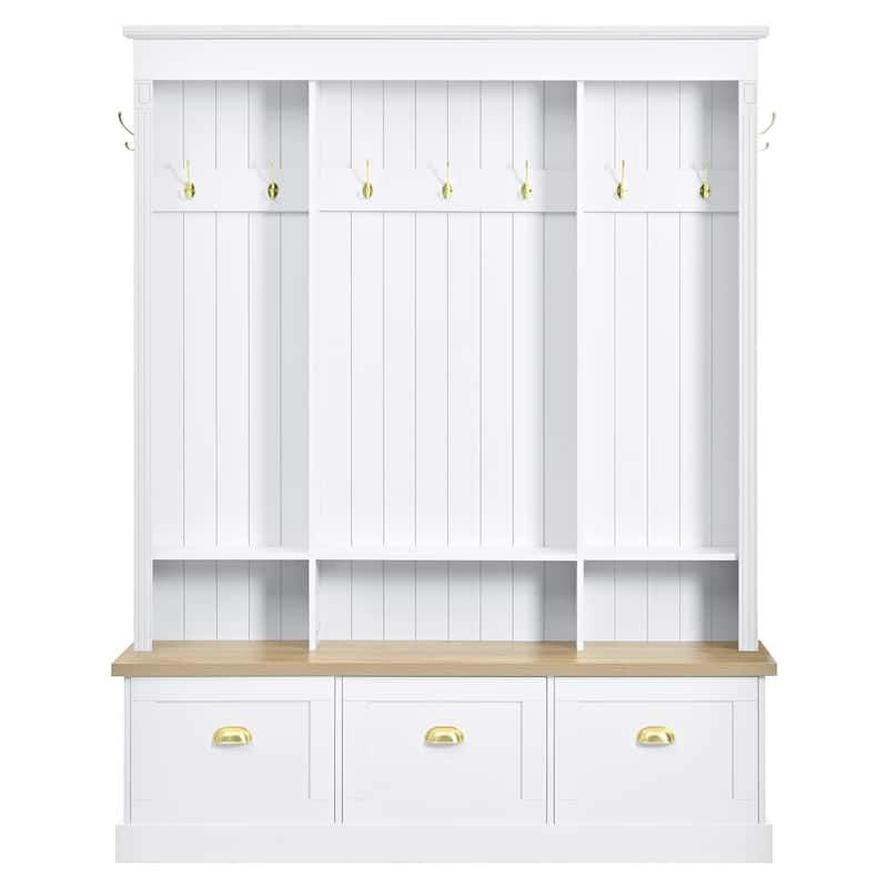 Large LED Hall Tree with 9 Hooks, Roman Column Design Storage Bench with 3 Cabinets, Farmhouse Entryway Organizer with Shelves