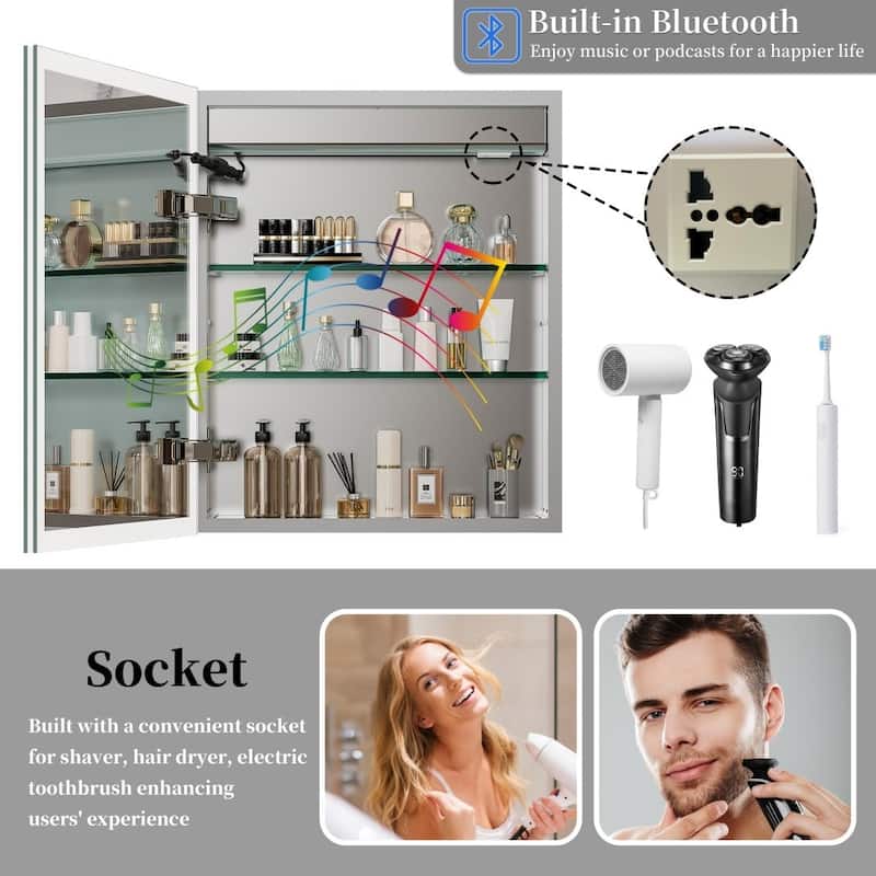 Illuminated LED Wall Mirrored Bathroom Storage Medicine Cabinet with Shaver Socket Bluetooth Anti-Fog Lighted Mirror Cabinet