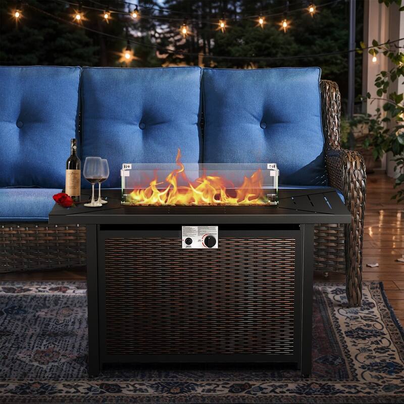 Outdoor Propane Fire Pit Table - 55000 BTU, Adjustable Flames - Rectangle - Brown