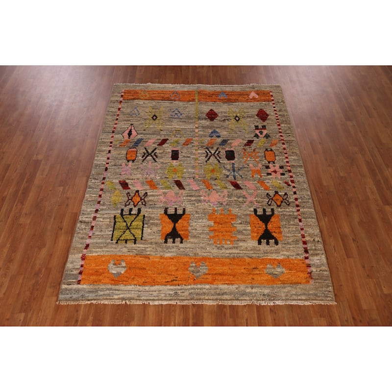 Geometric Moroccan Oriental Area Rug Handmade Brown Wool Carpet - 5'9" x 7'7"