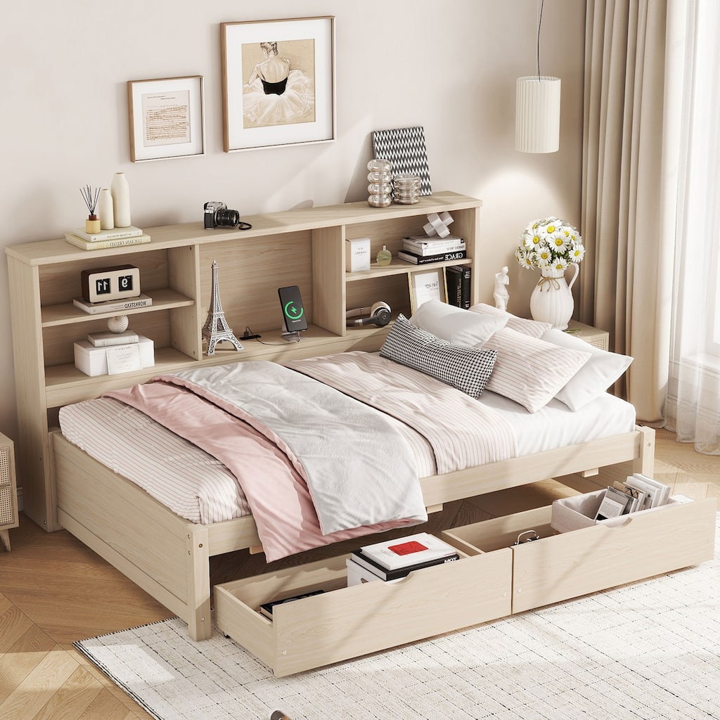 Twin Bed Frame with Built-in Bookshelves, Drawers, USB Ports, and Storage, Natural Color
