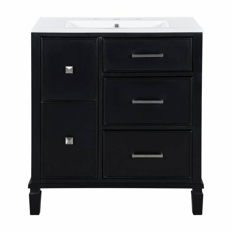30" Bathroom Vanity with Ceramic Sink, Flip-Out Plumbing Drawer, Soft Close Doors & Drawers
