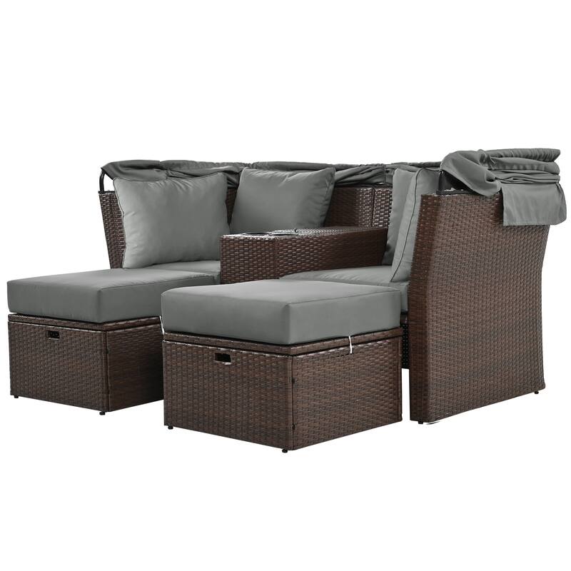 Convertible Outdoor Patio Daybed Loveseat Sofa Set with Retractable Canopy and Central Console