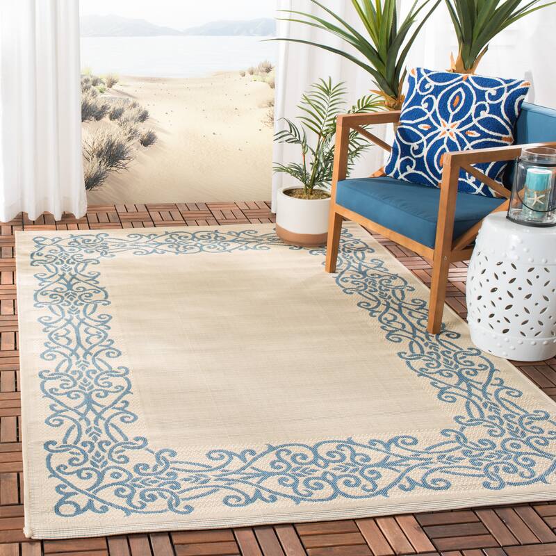 SAFAVIEH Courtyard Marylou Waterproof Patio Backyard Rug - 5'3" x 7'7" - Natural/Blue