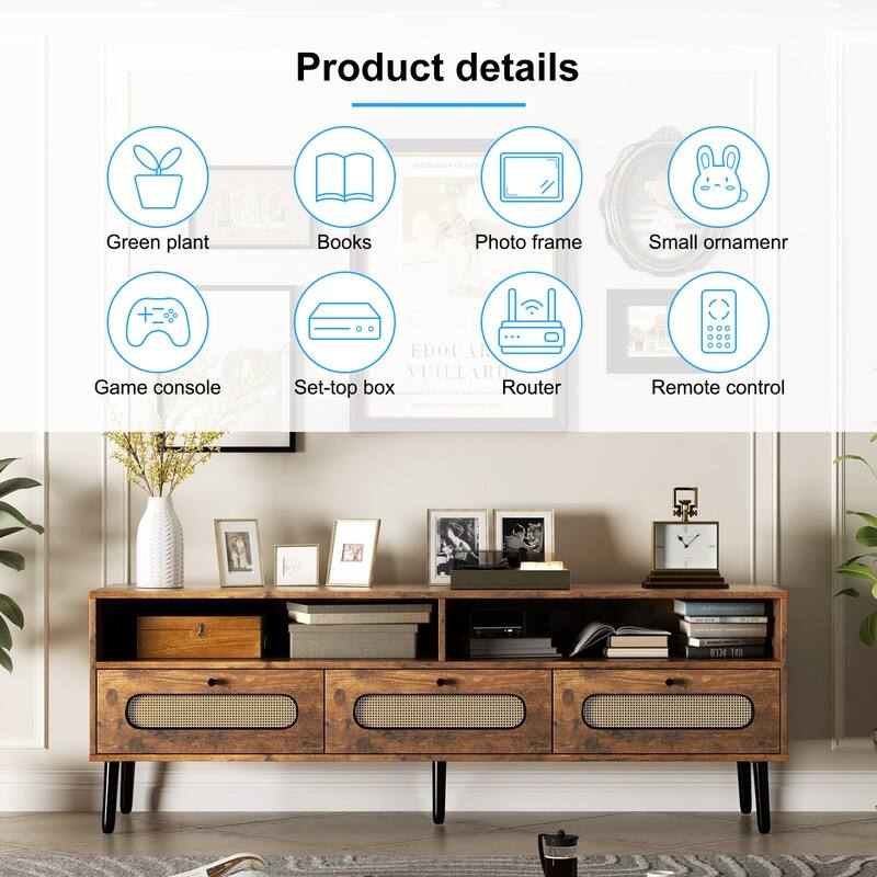 Mixoy Boho TV Stand for TV up to 65",Entertainment Center with Drawers and Compartment,55" Media Console with Rattan Decorative