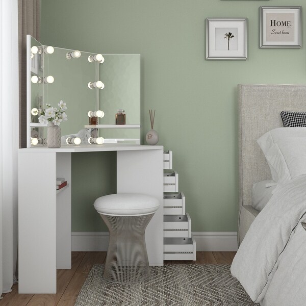 Roomsmart Corner Makeup Vanity Desk with 5 Drawers On Sale Bed