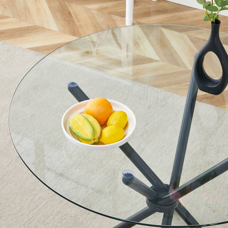 Roomfitters Round Glass Dining Table with 36.6 Inch Top and Black Ring Metal Legs for Kitchen or Office, Silver, Transparent