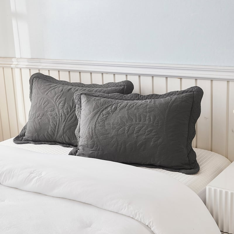 MarCielo 2-Piece 100% Cotton Embroidered Quilted Pillow Shams - Heather Grey - Standard