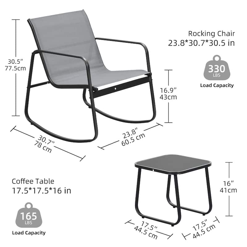 Moasis 3 Piece Rocking Patio Furniture Bistro Set with Chairs and Glass Table
