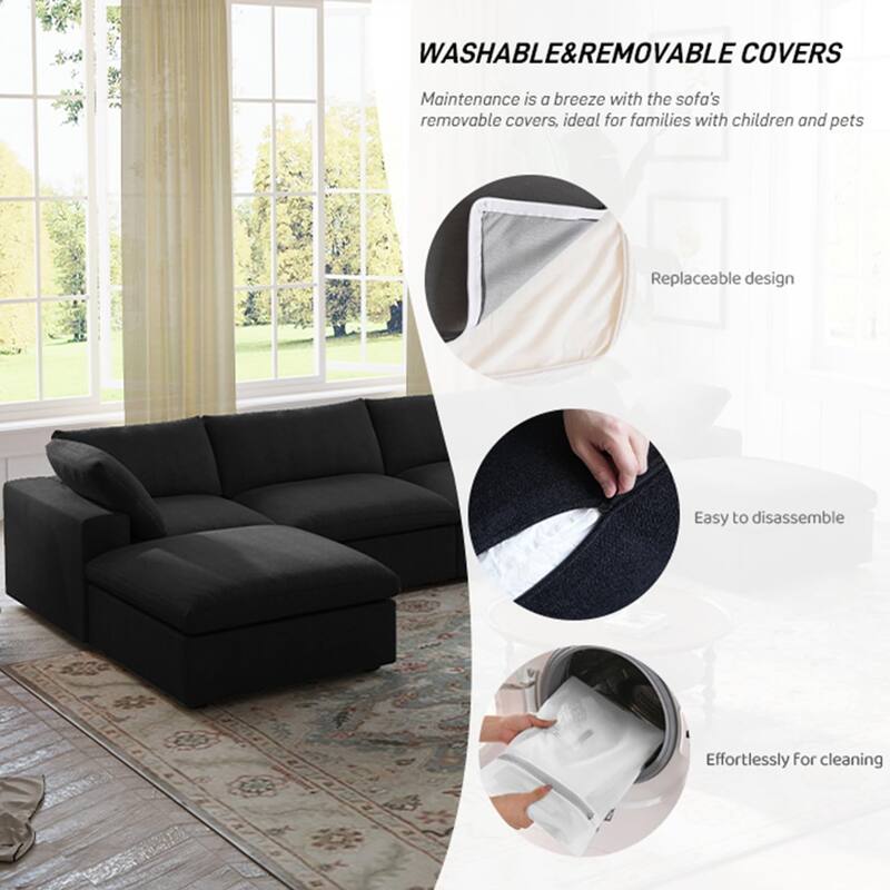 160.6" Modern Linen Sectional Sofa，4-seater Modular Couch with Storage Ottoman for Living Room.