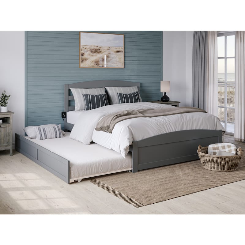 Gothic Platform Bed with Trundle & Charging Station - Queen Size, White - No Box Spring Needed
