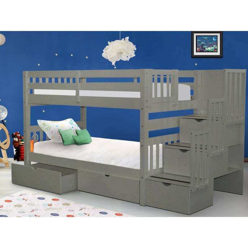 Taylor & Olive Trillium Twin over Twin Stairway Bunk Bed, 2 Drawers - Grey