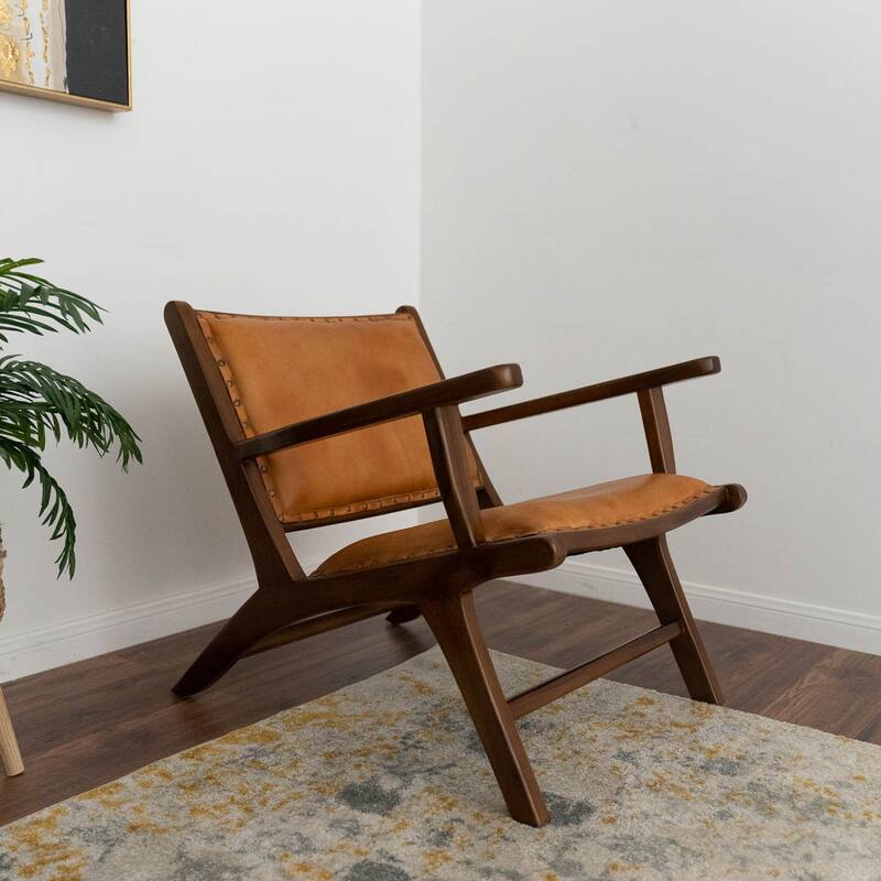 Marino Mid-Century Modern Genuine Leather Lounge Chair in Tan