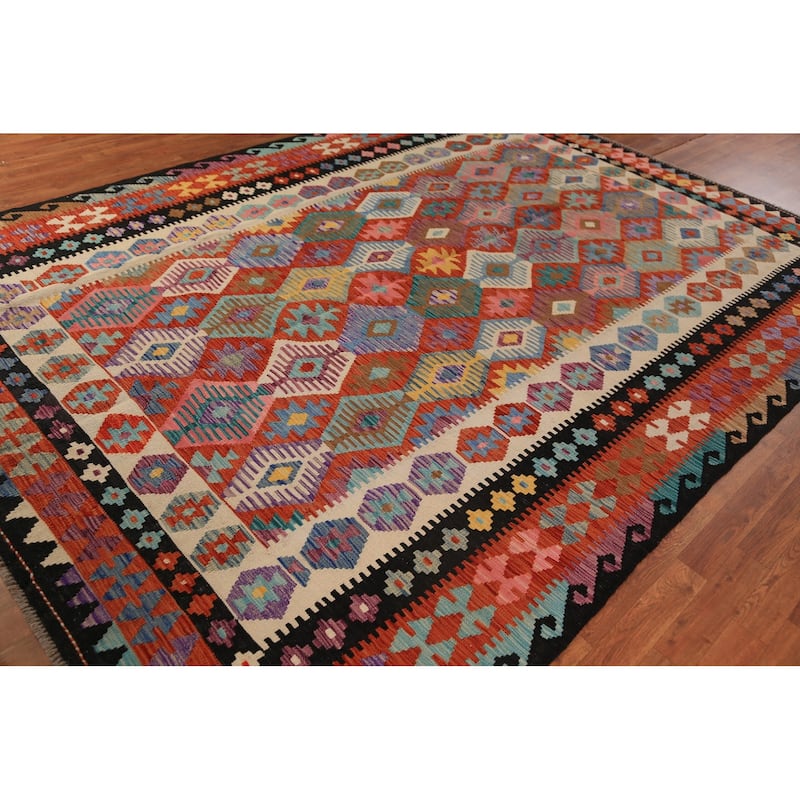 Kilim Oriental Area Rug Hand-Woven Orange Reversible Wool Carpet - 8'0"x 11'2"