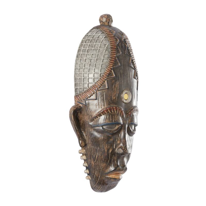 Brown Polystone Primitive African Mask and Standing African Woman Sculpture Wall Decor