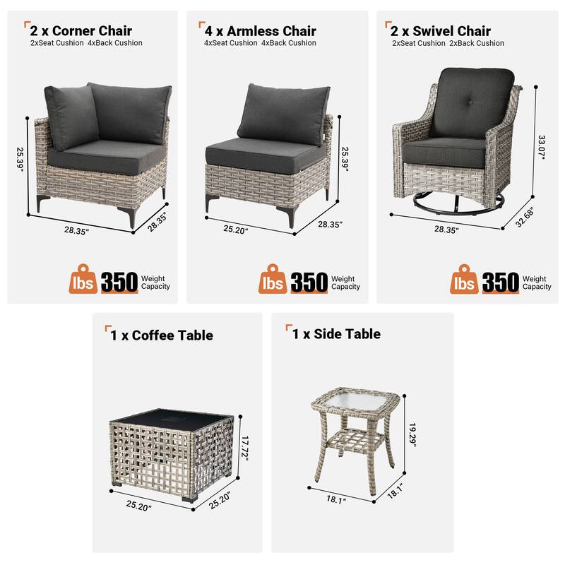 HOOOWOOO 10-piece Wicker Patio Furniture Set Sectional Sofa with Swivel Chair