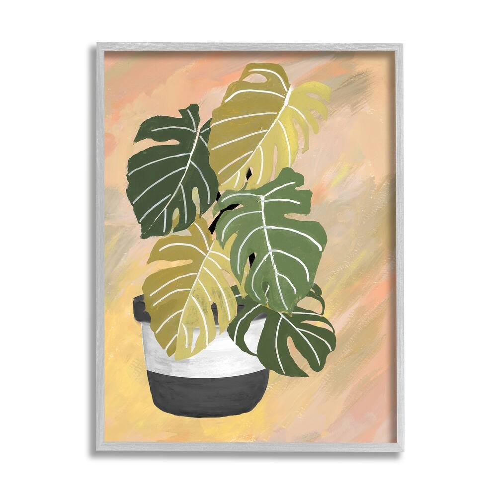 Stupell Unique Leaf Plant Tropical Monstera Over Abstract Framed Wall Art
