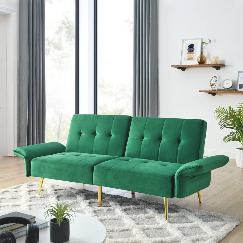 Velvet Futon Sofa Bed with Folded Armrests