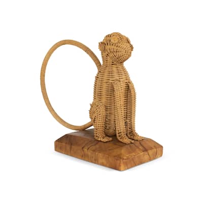 Rattan Monkey Sculpture - Hand Woven Animal Figurine on Wood Stand, Tropical Boho Decor - 10.5" wide x 10" tall x 5" deep