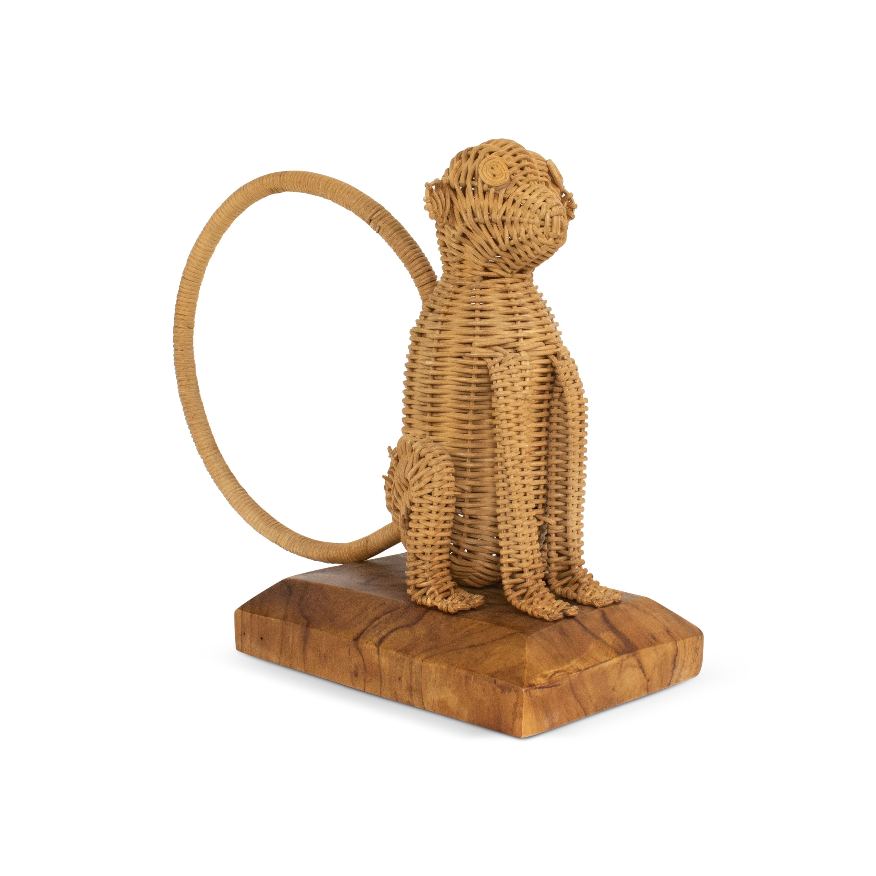 Rattan Monkey Sculpture - Hand Woven Animal Figurine on Wood Stand, Tropical Boho Decor - 10.5" wide x 10" tall x 5" deep