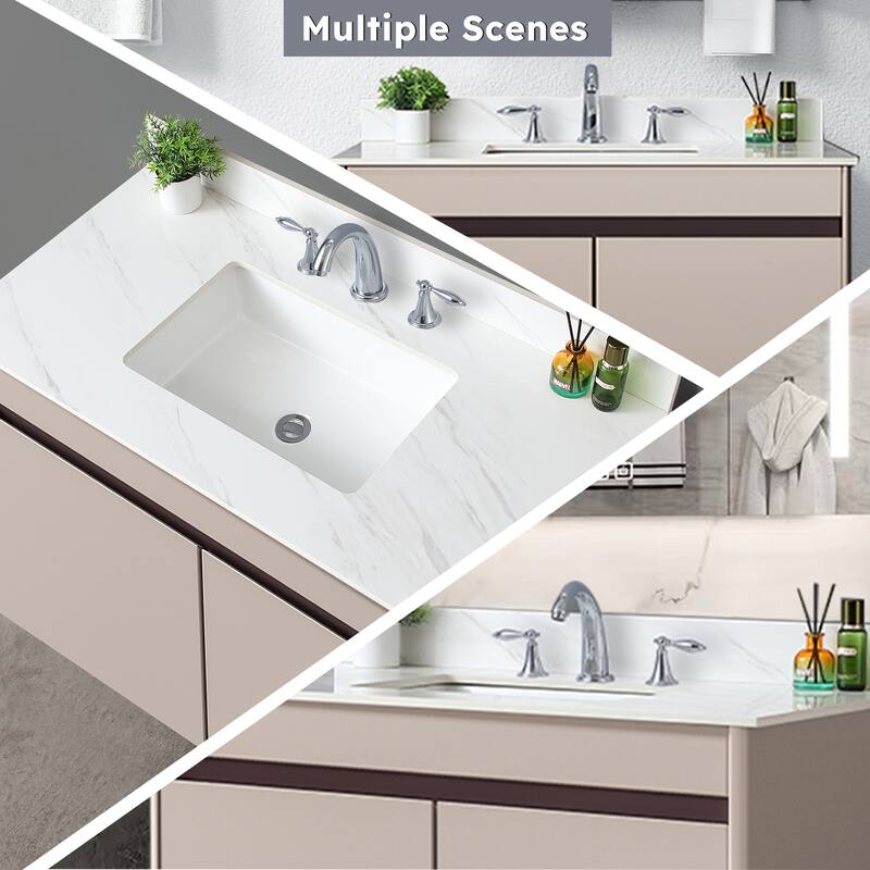 43" Bianco Venato Carrara White Vanity Top with Ceramic Sink, 4" Backsplash, Pre-Drilled Faucet Hole, Sintered Stone Material