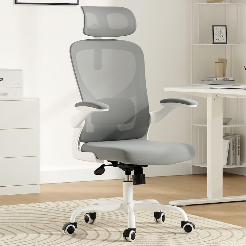 Ergonomic Office Chair With Headrest,High Back Computer Chair With Armrests And Adjustable Lumbar Support - Gray,White