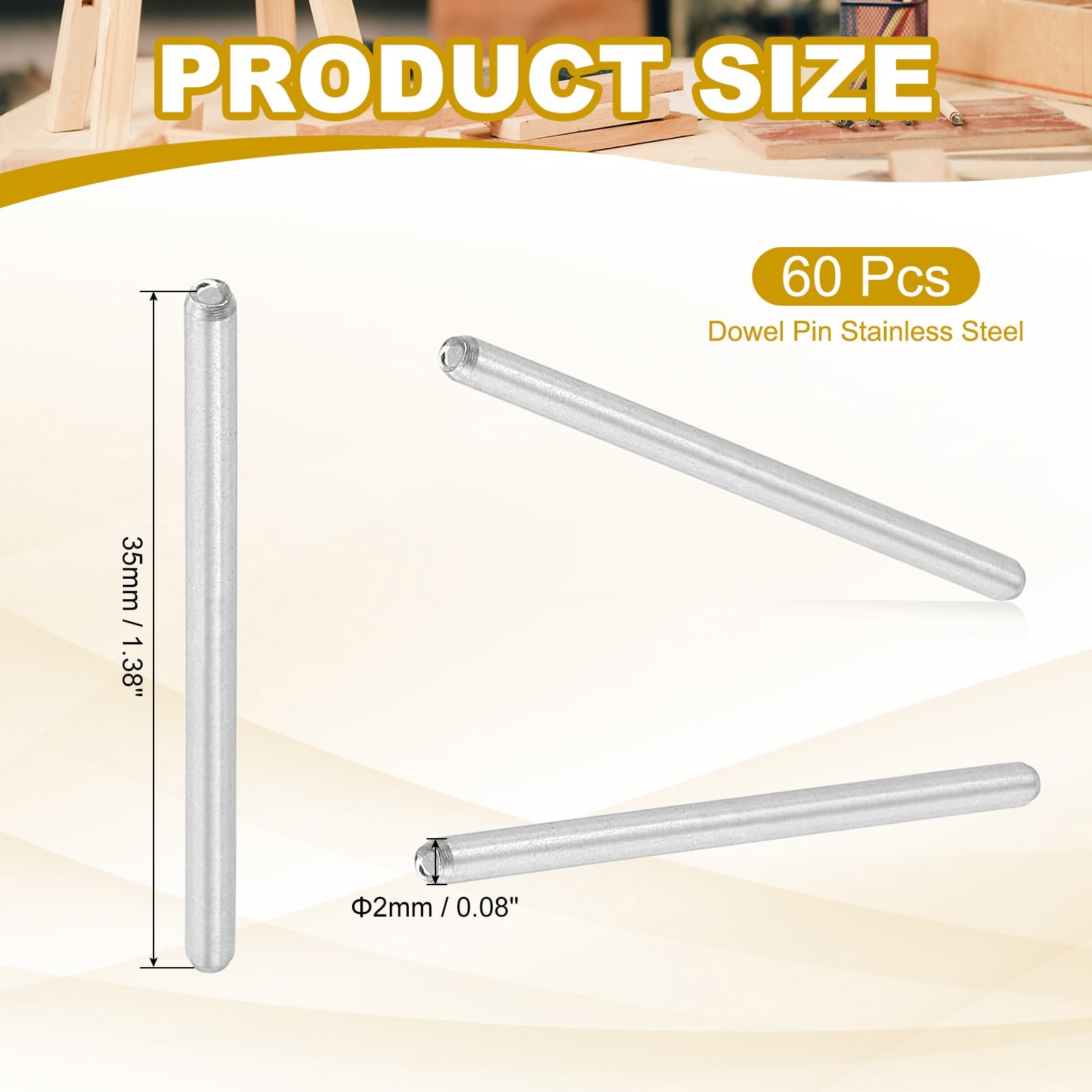 2mm x 10mm Dowel Pin 304 Stainless Steel 60 Pcs Metal Dowel for Shelves Silver