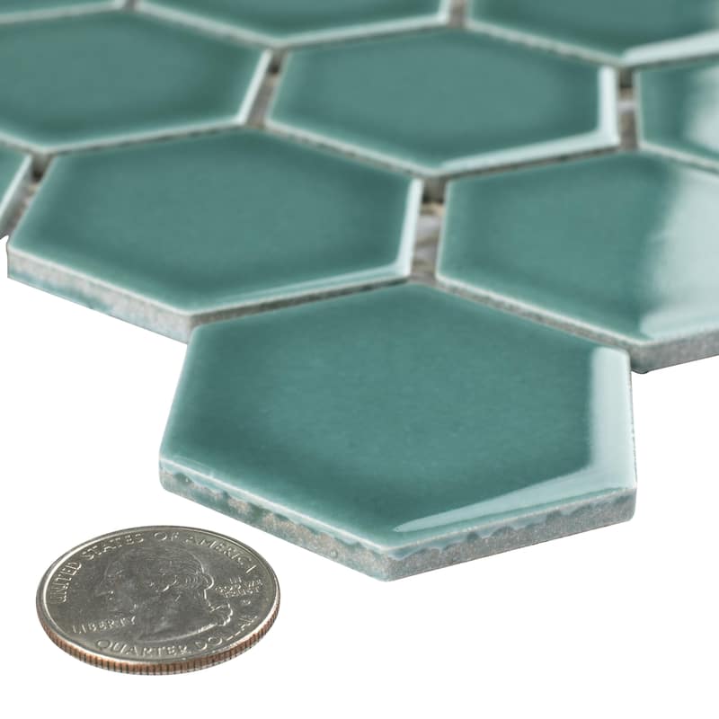 Merola Tile Tribeca 2" Hex Glossy Jade 11-1/8" x 12-5/8" Porcelain Mosaic Floor and Wall Tile