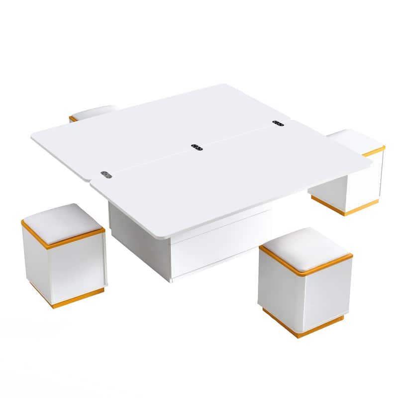 Lift-Top Coffee Table with 4 Storage Stools, Modern Space Saving Center Table , Multi-Functional Adjustable Coffee Table