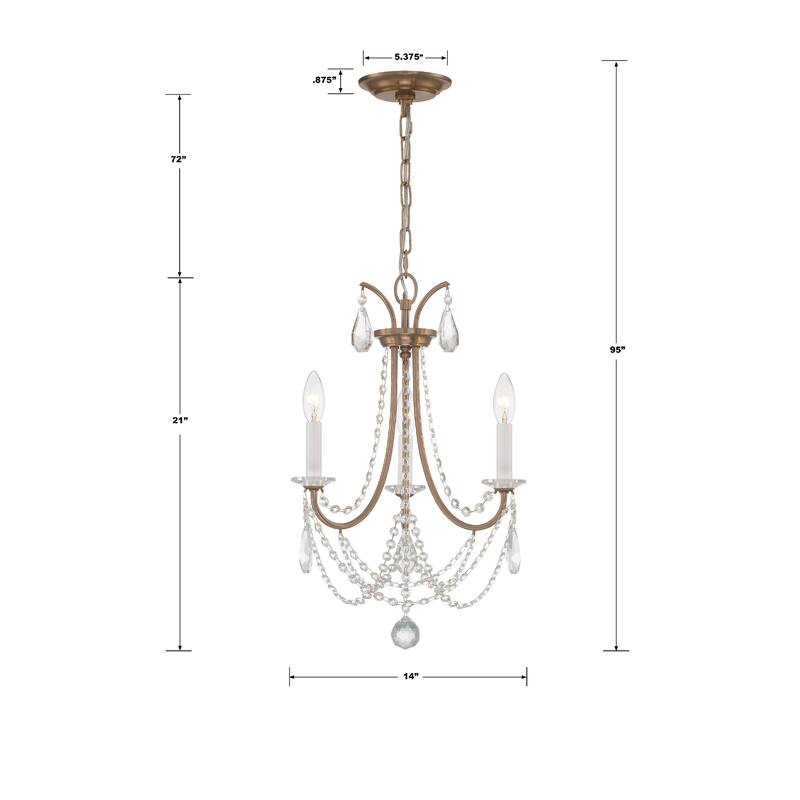 Karrington 3 Light Aged Brass Mini Chandelier - 14"W x 21"H