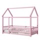 preview thumbnail 6 of 7, Twin Size Floor Wooden Bed with House Roof Frame, Fence Guardrails, Perfect for Imaginative Play and Safe Sleep, Pink