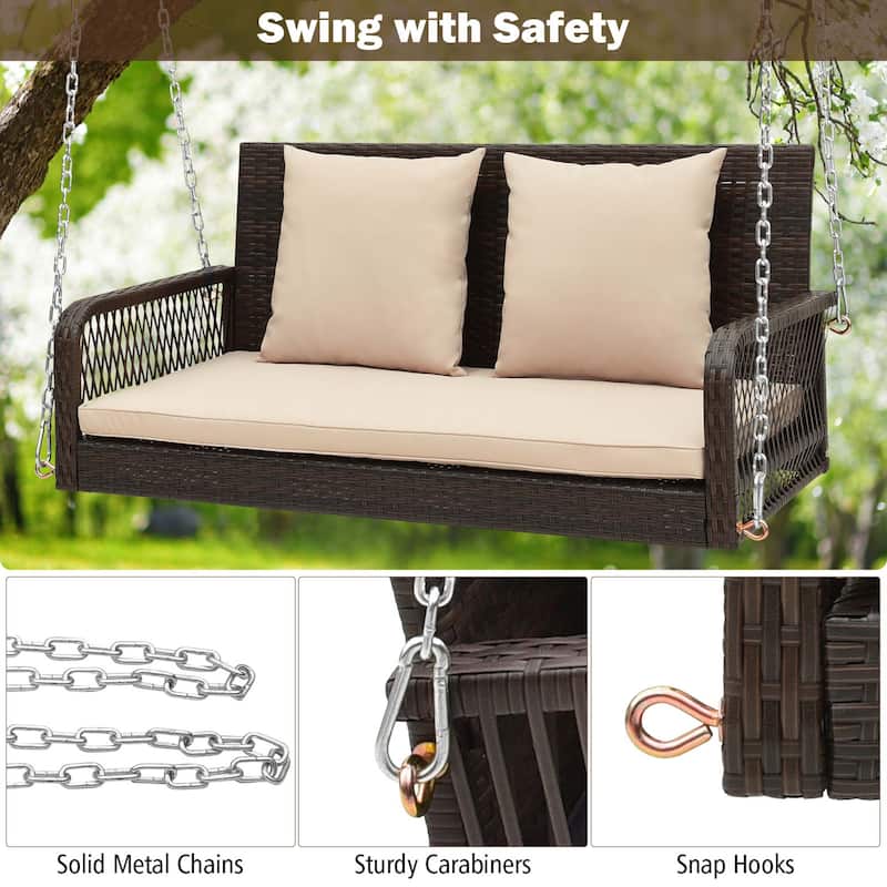 Patio Wicker Porch Swing 2-Person Hanging Loveseat Bench w/ Cushions