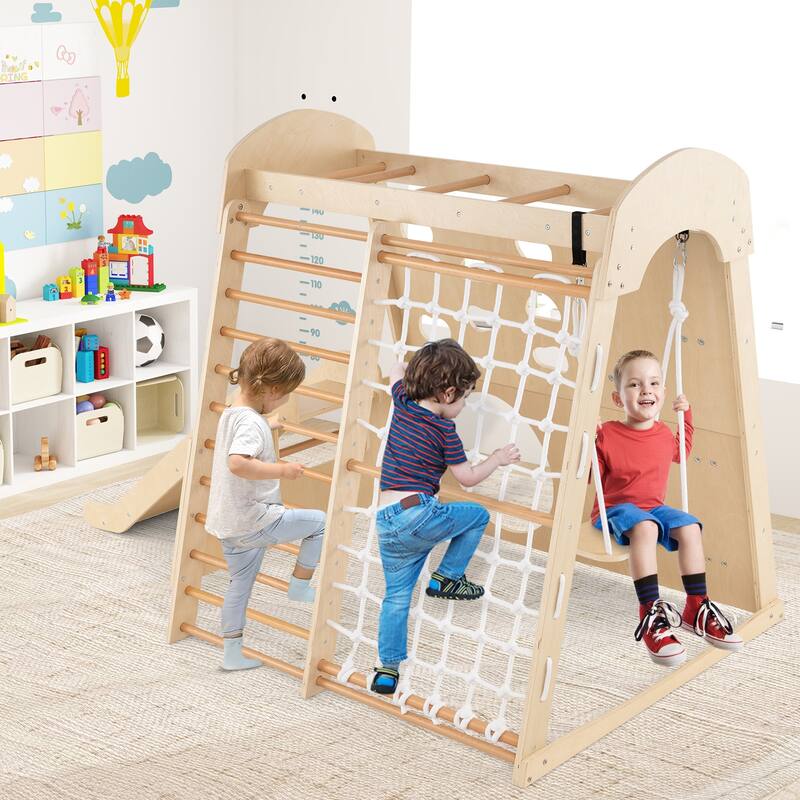 8-in-1 Indoor Jungle Gym Wooden Playground with Swing and Climbing Wall-Natural - Multi