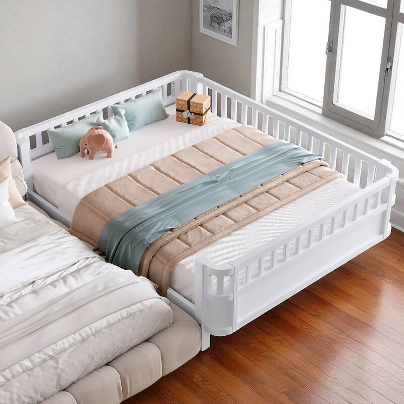 Wood Platform Bed with Guardrails & Detachable Fence, Twin/Full/Twin XL/Queen Size Kids Bed, Safety Design, No Box Spring