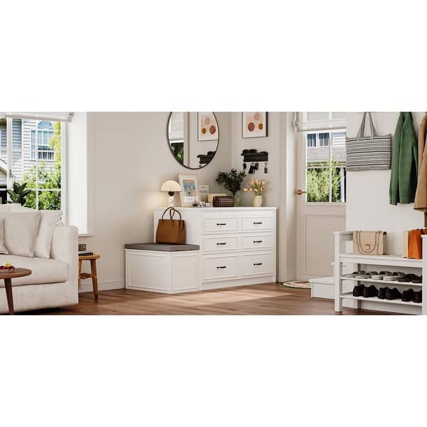White Dresser with Seat and Storage 6 Drawer Closet Island Cabinet Bedroom Organization Bench