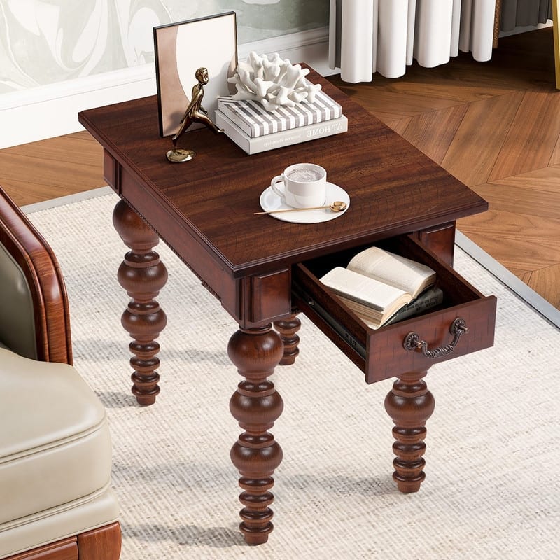 Retro 24" Solid Wood End Table with Drawer Easy Assembly Vintage Narrow Sofa Side Table for Living Room