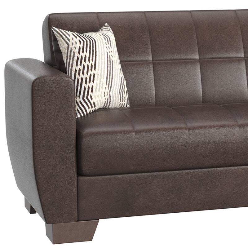 HomeRoots 84" Brown Faux Leather Convertible Futon Sleeper Sofa And Toss Pillows With Storage