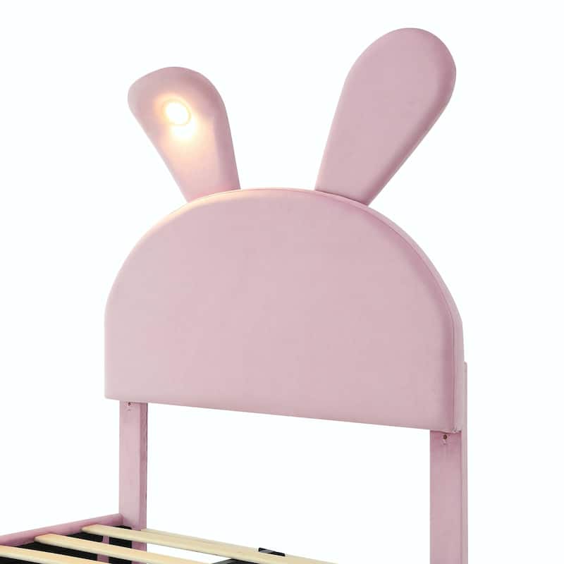 Upholstered Platform Bed with Cartoon Ears Shaped Headboard and Light