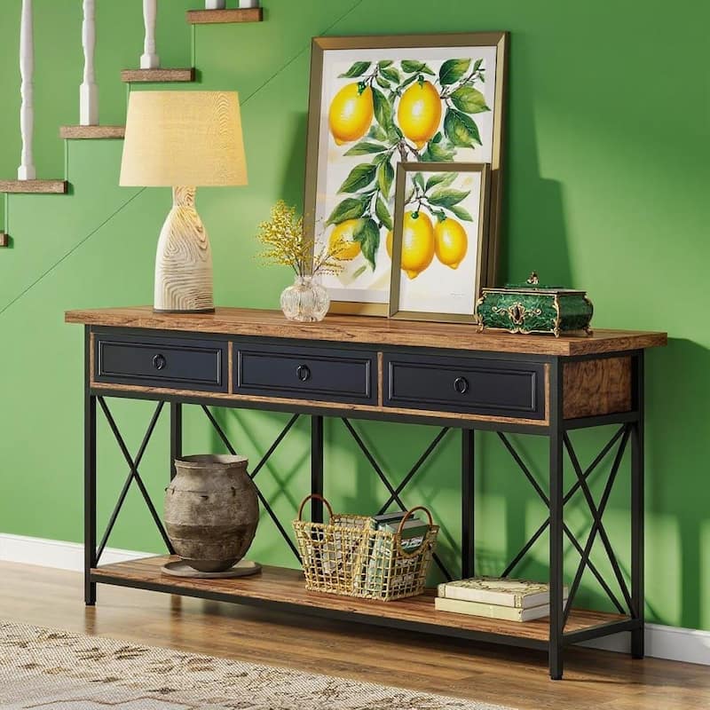 Farmhouse Console Table 71 Inch Wood Entryway Hallway Living Room Sofa Table with 3 Drawers and Bottom Shelf - Natural