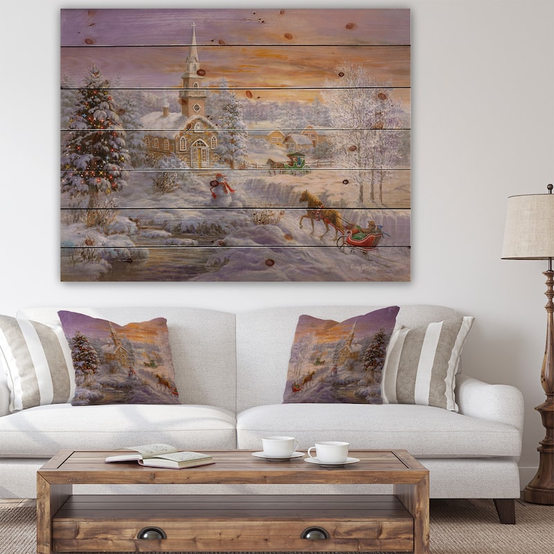 Designart 'Holiday Worship winter scene with sleigh and church' Print on Natural Pine Wood - Orange