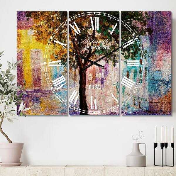 slide 2 of 6, Designart 'Couple Walking in Rain' Cottage 3 Panels Oversized Wall CLock - 36 in. wide x 28 in. high - 3 panels