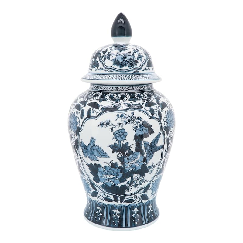 19" Ceramic Temple Jar Blue and White Chinoiserie Floral Design Contemporary Decorative Jar Accent Simple Blue - 10" x 10" x 18" - Blue