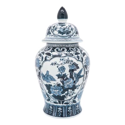19" Ceramic Temple Jar Blue and White Chinoiserie Floral Design Contemporary Decorative Jar Accent Simple Blue