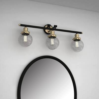 3 Light Vanity Light in Black W/Antique brass with Clear Seedy Glass - W:29.61*H:13.19*E:7.95