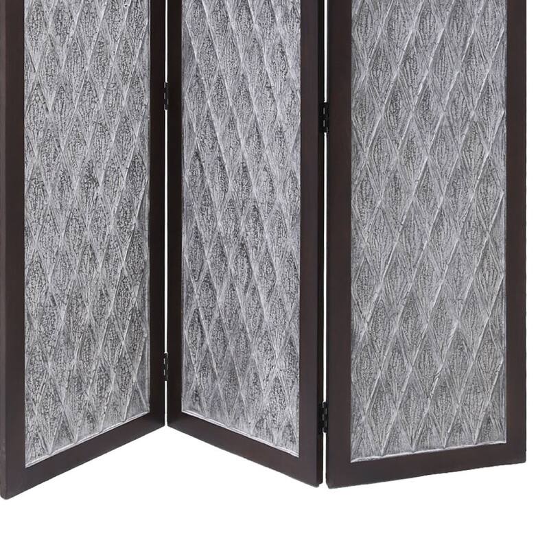 Wooden 3 Panel Room Divider with Textured Diamond Pattern, Gray and Black