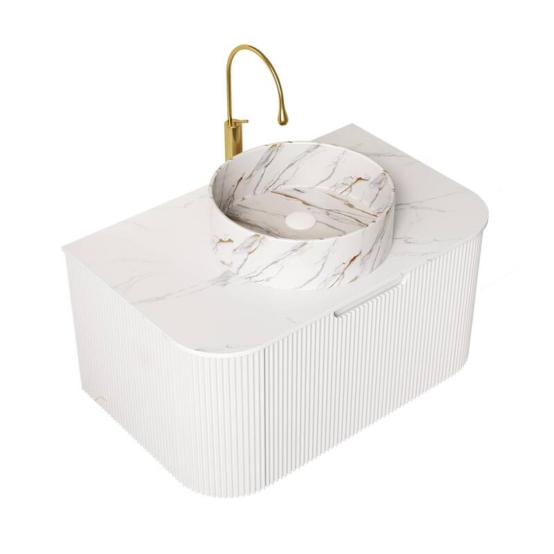 Floating Bathroom with Round Ceramic Basin and Storage Drawer