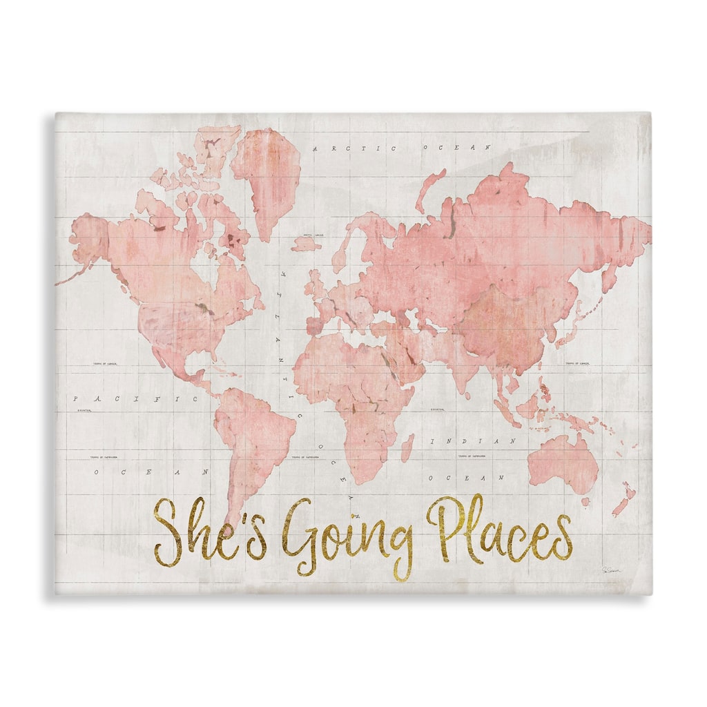 Stupell She's Going Places Quote Pink Watercolor World Map Canvas Wall Art