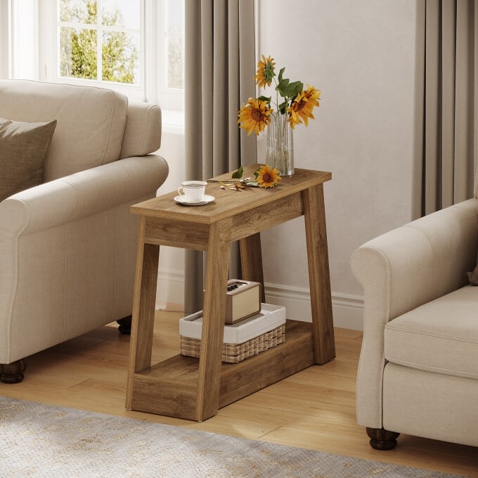 2-Tiers Small End Table, Small Wood Side Table