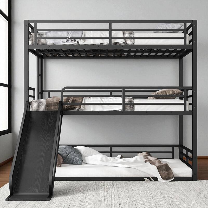Metal Triple Bunk Bed with Slide, Twin XL/Full/Queen, Safety Guardrails, Quiet Slat Design, Heavy-Duty, Black - Black - Full